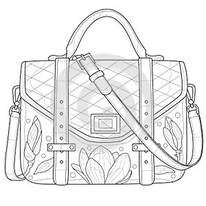 Bag with magnolias. Ladies handbag.Coloring book antistress for children and adults photo