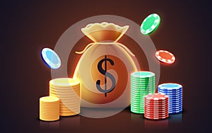 Bag of money, casino jackpot, winning gold coins. Vector illustration