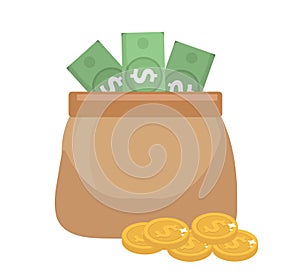 Bag money and coins icon flat style. isolated on white background. Vector illustration, clip art