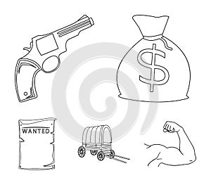 Bag with money, Colt, van, is being searched for. Wild West set collection icons in outline style vector symbol stock