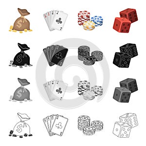 A bag of money, a deck of cards, chips in the casino, dice, cubes. Casino set collection icons in cartoon black