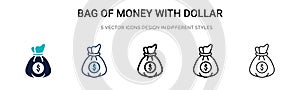 Bag of money with dollar sign icon in filled, thin line, outline and stroke style. Vector illustration of two colored and black