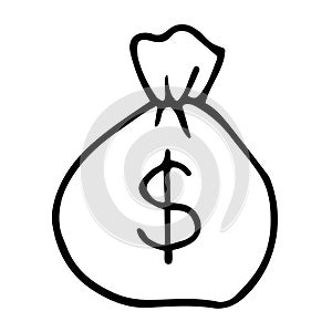 Bag of money with dollar sign. Vector illustration in doodle style. Black and white symbol of bag with cash