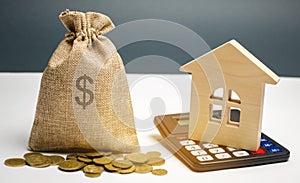 Bag with money and dollar sign and wooden houses. Financing in the country. Investing money in real estate. Saving and