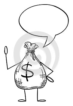 Bag of Money or Dollars Cartoon Character With Speech Bubble, Vector Illustration