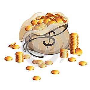 Bag of money. Gold coins stack. Business illustration isolated on white background.