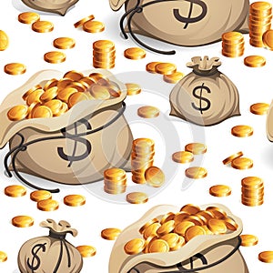 Bag of money. Gold coins stack. Business illustration isolated on white background.