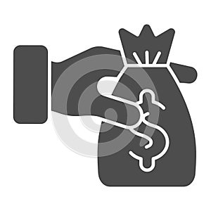 Bag of money in the hands solid icon. Donation vector illustration isolated on white. Cash glyph style design, designed