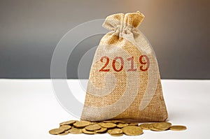 Bag with money and the inscription 2019. Financial budget planning. Investments and plans for the new year. Saving money. Time