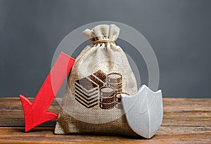 Bag with money symbol, shield and red arrow down. Falling liquidity deposits, the likelihood of losing savings. Guaranteed