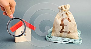 Bag with money and tape measure with a wooden house. Property valuation. Limited real estate budget. Low subsidies. Lack of photo