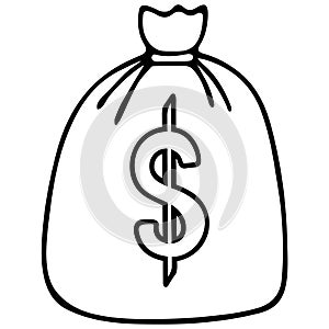 Bag with money. Us dollar icon on the package. Currency Vector illustration. Contour on an isolated white background. Doodle.