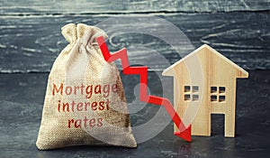 Bag with the money and the word Mortgage interest rates and arrow to down and house. Low interest in mortgages. Reducing interest