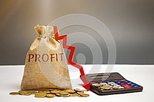 Bag with money and word profit and down arrow with calculator. Unsuccessful business and poverty. Profit decline. Loss of