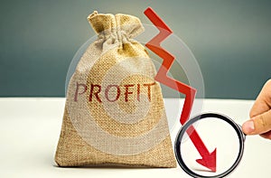 Bag with money and word profit and down arrow. Unsuccessful business and poverty. Profit decline. Loss of investment. Low wages.
