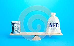Bag with NFT non-fungible token and a bundle of dollars on scales. Sell digital assets of art through auction. Monetization