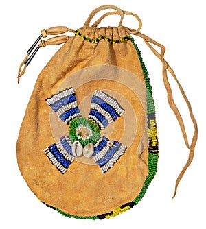 Bag of the North American Indians. Made from deerskin embroidered with colorful glass beads and leather cords