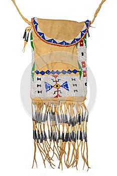 Bag of the North American Indians. Made from deerskin embroidered with colorful glass beads and leather cords