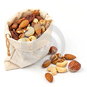 Bag of nuts on white background