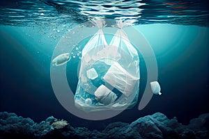 bag of plastic trash in the ocean. Generative AI
