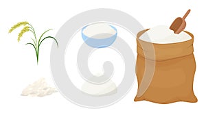 Bag of rice flour and scoop isolated on white