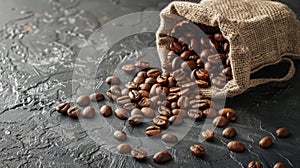 Bag of roasted coffee beans on wooden table