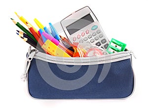 Bag with school tools on a white background.