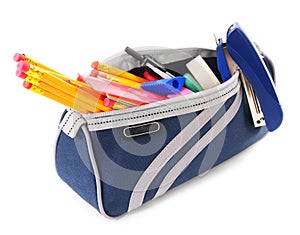 Bag with school tools on a white background.