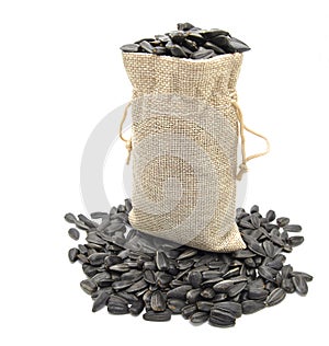 Bag of seeds on white background close-up. Seeds, food, crops