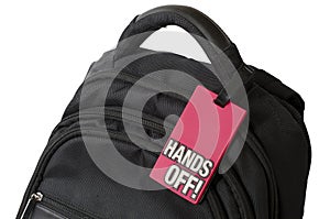 Bag with sign on it on white background