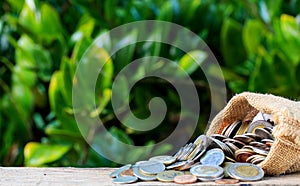 Bag and some money coins on wood floor.