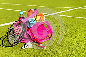 Bag with sports equipment on the sports courts.
