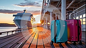 Bag or suitcase standing in port in front of cruise ship liner.