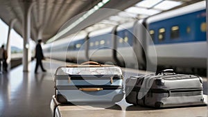 Bag or suitcase standing at the station in front of high-speed train.