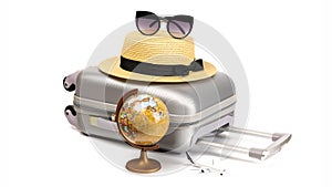 Bag travel. Suitcase, sunglasses with toy plane, straw hat and globe in travel composition isolated on white background. Copy