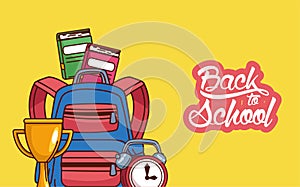 Bag with trophy notebooks and clock of back to school vector design