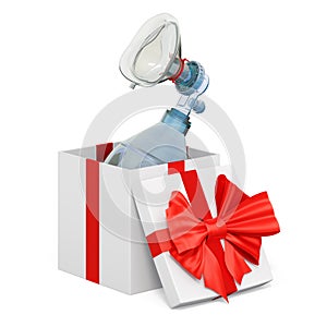 Bag valve mask inside gift box, present concept. 3D rendering