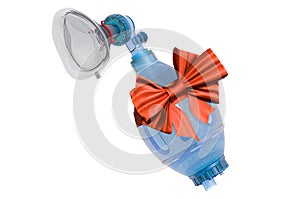 Bag Valve Mask with red bow and ribbon, gift concept. 3D rendering