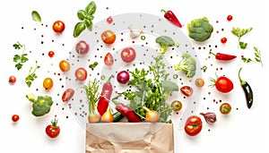 A bag of vegetables is overflowing with a variety of produce, including tomatoes by AI generated image