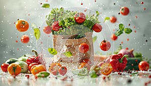 A bag of vegetables is overflowing with a variety of produce, including tomatoes by AI generated image