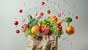 A bag of vegetables is overflowing with a variety of produce, including tomatoes by AI generated image