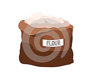 Bag of wheat flour. Heap, pile of milled cereal powder in open sack, package. Flat vector illustration isolated on white