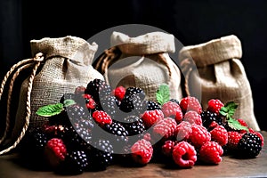 bag of wild raspberries and blackberries. Generative AI