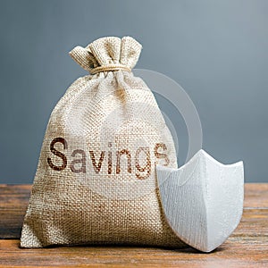 Bag with the words Savings and protection shield. Concept of protection of savings and cash, guaranteed deposits. Compensation