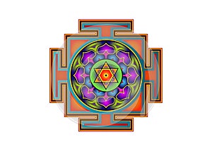 Bagalamukhi Yantra Mandala, colorful sacred Tibetan diagram the vital energy. Hinduism Bhuvaneshwari Yantra Prakriti, isolated