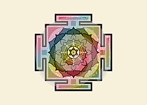 Bagalamukhi Yantra Mandala, old colorful sacred Tibetan diagram the vital energy. Hinduism Bhuvaneshwari Yantra Prakriti, isolated