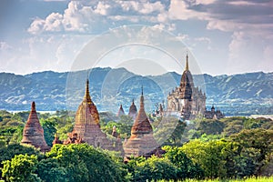 Bagan, Myanmar ancient temple ruins landscape in the archaeological zone