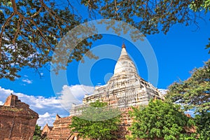 Bagan, Myanmar ancient temple ruins landscape in the archaeological zone