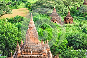 Bagan, Myanmar ancient temple ruins landscape in the archaeological zone