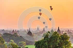 Bagan, Myanmar ancient temple ruins landscape in the archaeological zone